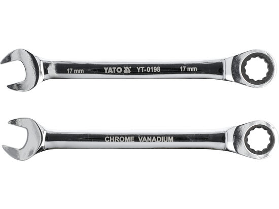 Комбинированный трещоточный ключ Yato YT-0198, 17 мм, 72 унции, CrV 6140, 225 мм, 5˚, двенадцатигранный, хромированный 5906083901980