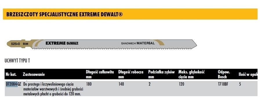 ПИЛКИ ДЛЯ ЛОБЗИКА DEWALT 180х2мм T718BF СЭНДВИЧ-ПАНЕЛИ /5 шт. DT2084-QZ