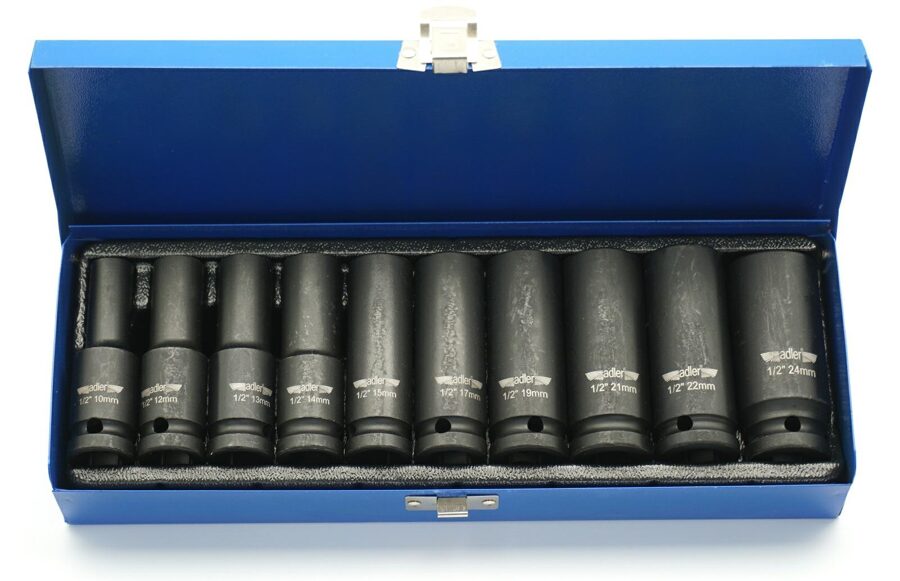 НАБОР ДЛИННЫХ НАСАДОК ADLER 1/2" 10шт. МЕТАЛЛИЧЕСКИЙ ФУТЛЯР 3510.35