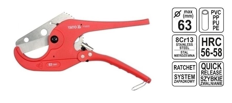  YATO НОЖНИЦЫ ДЛЯ ПВХ ТРУБ ДО 63 мм YT-22312