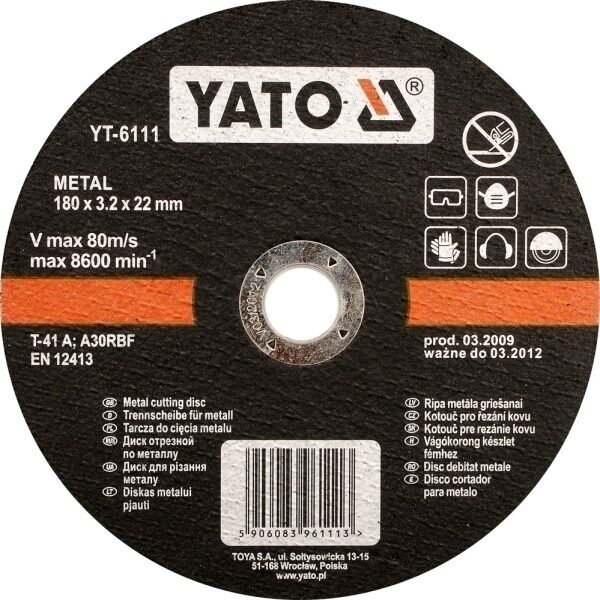 ДИСК YATO ДЛЯ РЕЗКИ МЕТАЛЛА 230x1.2x22мм YT 5923