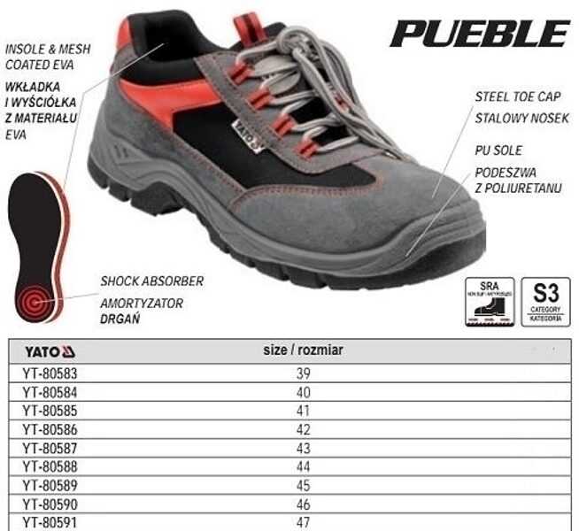 РАБОЧАЯ ОБУВЬ YATO PUEBLE S3 - РАЗМЕР 43 YT-80587